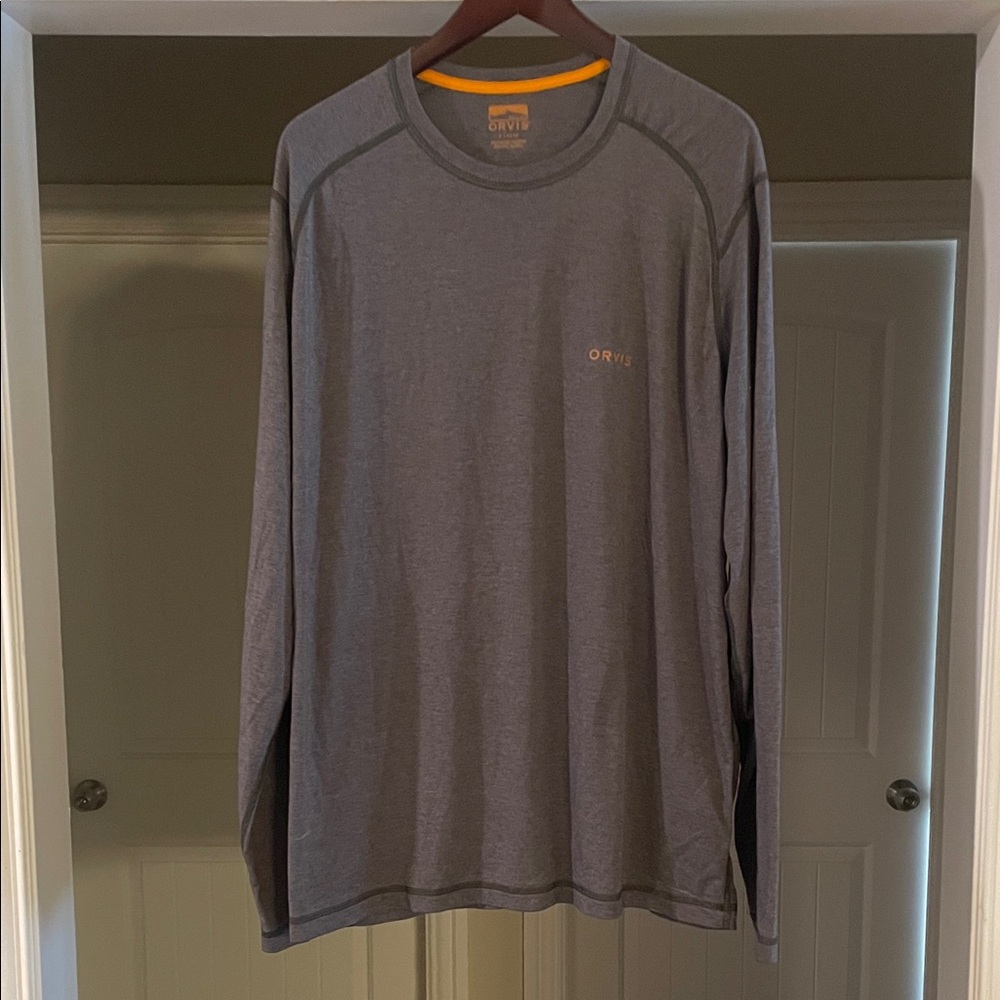 Orvis Men's Long-Sleeve Crew Tee in Heather Gray with Orange Accents